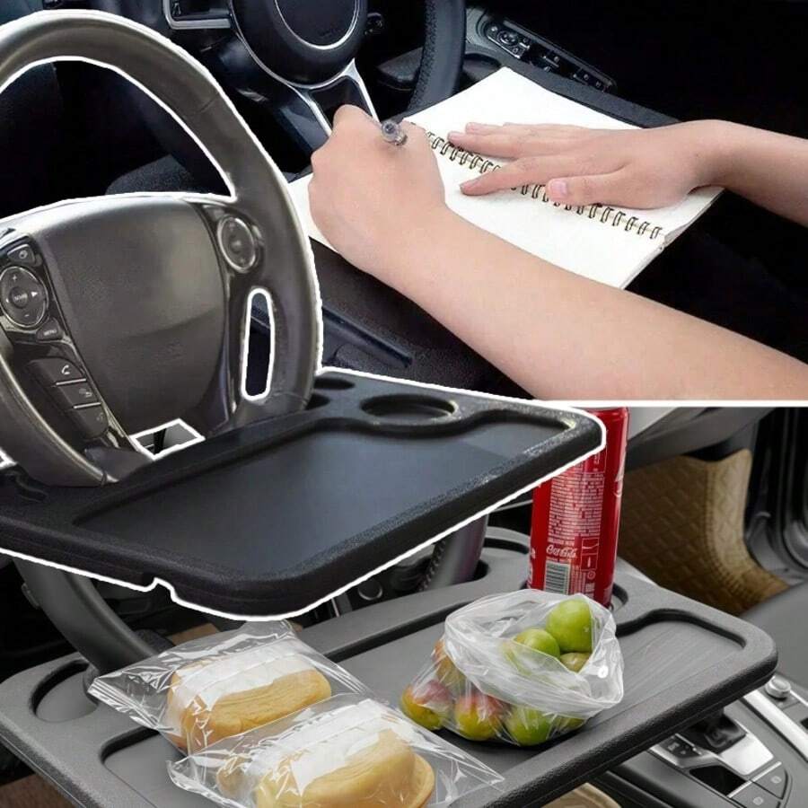 1 Khay để bàn gắn vô lăng ô tô 3 trong 1 màu đen, nâng cấp trải nghiệm lái xe của bạn ngay lập tức! Khay này có thiết kế hai mặt, một mặt có giá đỡ cốc và khe cắm bút, cho phép bạn thưởng thức đồ uống đồng thời ghi chú thuận tiện trong xe; mặt còn lại là một bề mặt phẳng rộng rãi, vừa vặn với máy tính xách tay, giúp bạn làm việc hoặc giải trí hiệu quả trong xe.