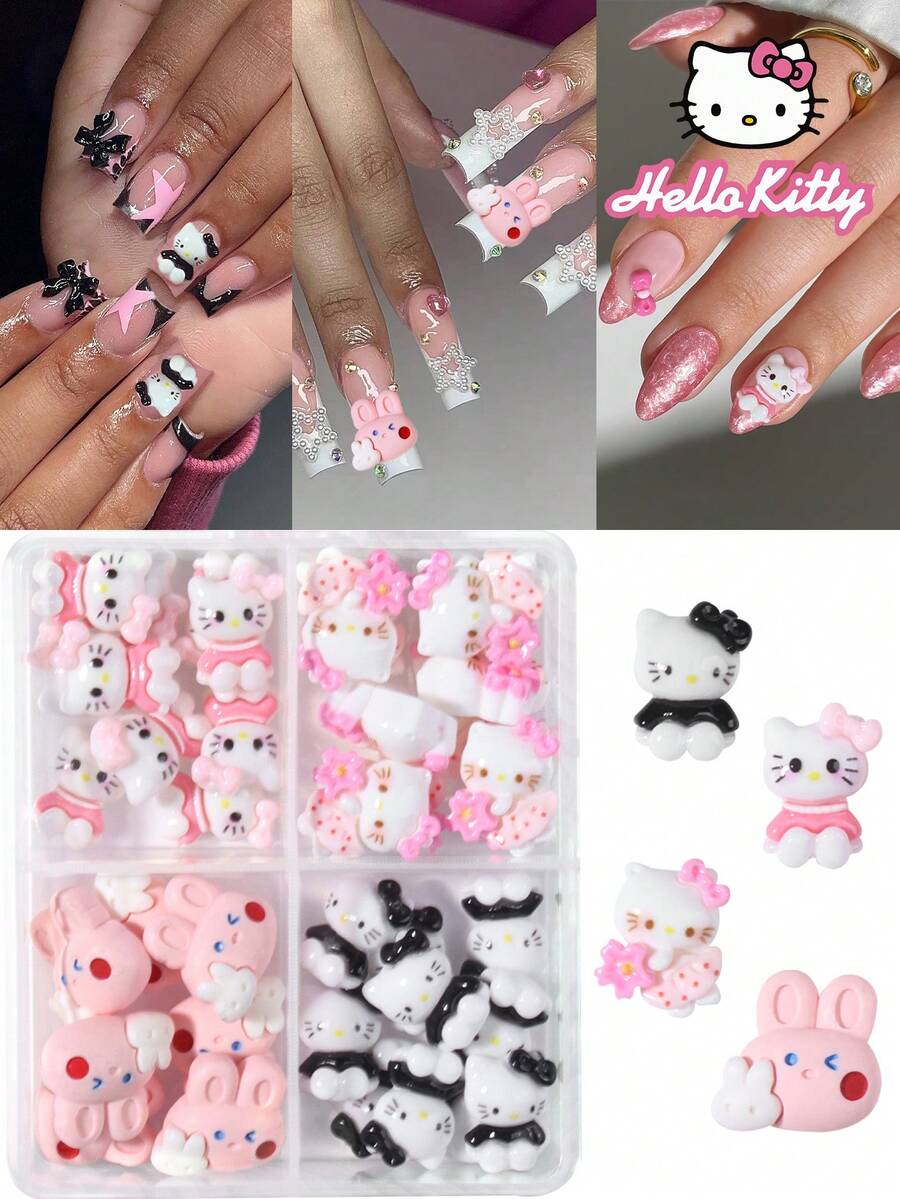 SANRIO 37件組 Hello Kitty 卡通美甲裝飾套組,4款蝴蝶結與花朵系列 Hello Kitty 設計美甲 DIY 迷你水鑽平面裝飾 - 查看 1