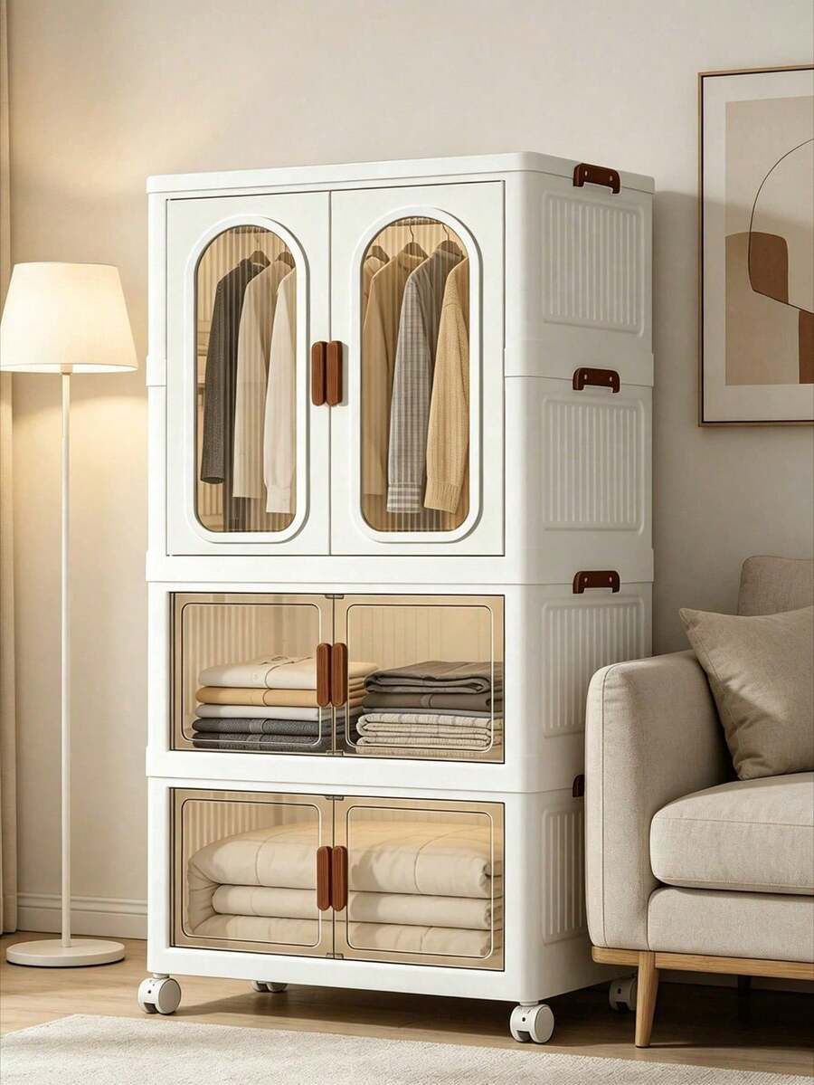 70CM/ 27.55in Clear Door Foldable Wardrobe Storage Cabinet With Wheels, Stackable Multi-Tier Closet Organizer, Durable Clothes Storage Solution For Home & Dorm - White - View 1
