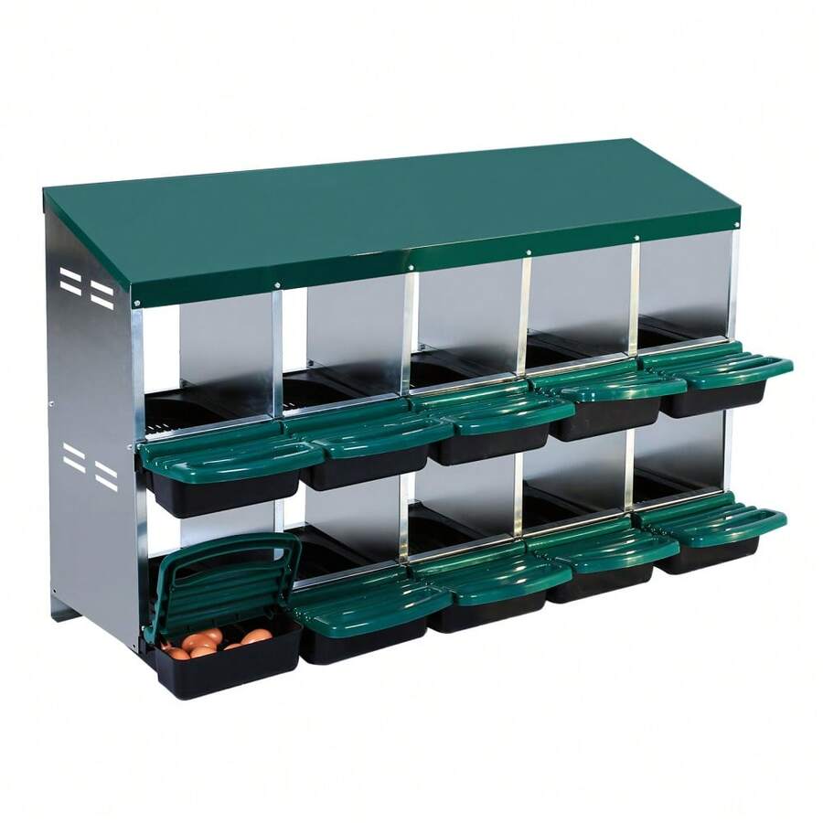 Techigher Heavy Duty Chicken Nesting Box, Automatic Roll-Away Egg Collection System, Galvanized Steel Hen Laying Box - Green, 10 Holes Without Legs - View 1