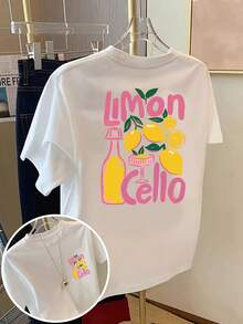 Senaste tryckta dam-t-shirts 2026 T-shirt med citron- och lemonadtryck, kortärmad, avslappnad topp med rund hals för sommar och vår, damkläder sommar-t-shirts - Vitt - Visa 1