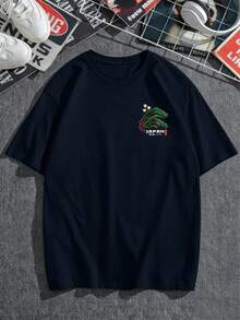 AnChiStreetwear - 大码男士时尚日系街头风仙鹤松树印花休闲短袖T恤，适合日常出行、街头风、休闲聚会，可搭配牛仔裤、工装裤。 - 藏蓝色 - 查看 3