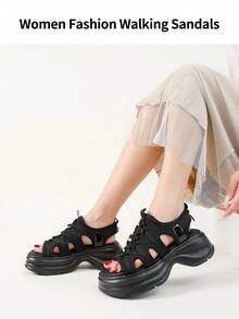 somiliss Sandalias deportivas casuales para mujer, nueva llegada de verano, plataforma de 6 cm, ligeras, suaves, de slip-on, cómodas, zapatos para caminar al aire libre, color negro - Negro - Ver 7
