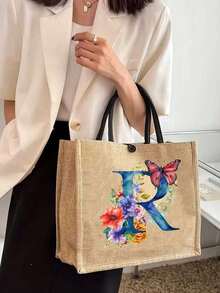極簡花卉字母印花亞麻托特包，簡約風格適用於旅行、化妝品收納，大容量化妝包，多功能便攜托特包適用於教師、感恩節禮物、女性禮物、教師節禮物，休閒收納托特包 - 彩色 - 查看 6