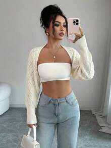 Bolero de punto para mujer, color blanco, manga larga holgada, ideal para combinar con tops y vestidos en primavera y verano - Blanco 2 - Ver 6