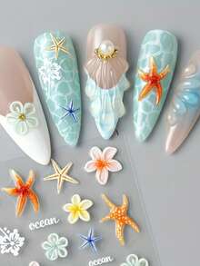 2pcs 5D Embossed Ocean Style Nail Art Stickers - Orange Hibiscus Flower & Starfish Nail Decals - Summer Beach/Vacation/Music Festival DIY Nail Decoration - Multicolor - View 5