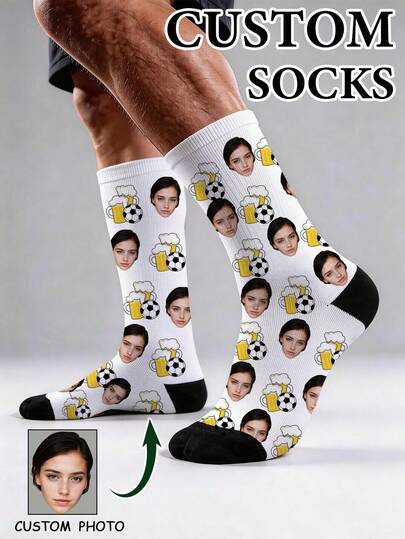 Customized Photo Face Football Socks | Personalized Cartoon Soccer Player Socks | Men's Mid-Calf Sports Socks | Unique Gift For Football Fans And Boyfriends
