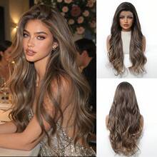 Ombre Grey Brown Wavy 13*4 Lace Front Wig, Pre-Plucked Natural Hairline With Baby Hair, Heat-Resistant Synthetic Fiber Glueless Natural Look Long Curly Wig 26 Inch - Brown Ombre - View 13