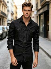 Men's Casual Shirt, Lightweight And Casual, Slim Fit Long-Sleeved Shirt, Spring And Autumn Styles With Adjustable Collar. - màu đen - Xem 2