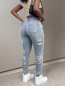 Women's Casual Ripped Skinny Sexy Stretch Denim Jeans, Long Button Design, Medium Stretch - Light Wash - View 2