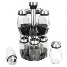7pcs Rotating Glass Spice Jar Rack, Glass Storage Jars, Seasoning Bottles, Sugar Pot, Pepper Shaker, Salt Cellar, Kitchen Storage Rack - View 9
