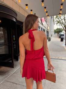 Women's Pleated Waist Sheer Mesh Ruffle Mini Dress Summer Casual Halter Neck High Neck Bodycon Short Dress Self-Tie Backless Sundress Party Clubwear - F206103-Red - 查看 5