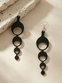 1 Pair Minimalist Black Double-Layer PU Leather Geometric Circle Drop Earrings, Hollow Round Hoop Jewelry, Unique Versatile Commuter Earrings - Black - View 4
