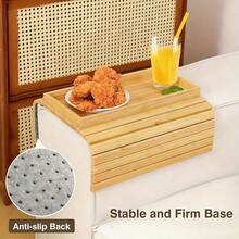 Mesa lateral plegable para sofá, bandeja de reposabrazos de bambú, sin necesidad de montaje, con portavasos a prueba de derrames y almohadilla antideslizante, adecuada para sofá, sala de estar y oficina. Puede sostener teléfono, aperitivos, control remoto. - Albaricoque - Ver 9