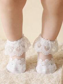 1 Pair Toddler Baby Lightweight Breathable Lace Crystal Silk Short Socks, Summer - White - View 9
