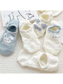 5 pares de calcetines invisibles antideslizantes con gráfico de letras y cabeza de oso de dibujos animados para mujer para la vida diaria - Multicolor - Ver 10