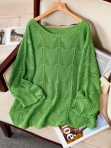 BuyK [Top] Women's Casual Sweater, Solid Color, 3/4 Sleeve Boat Neck, Off Shoulder, Regular Fit, Suitable For Daily Wear And Vacation, With Hollow-Out Design, Suitable For Spring And Summer - Green - View 3