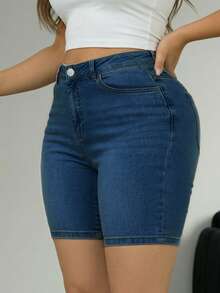 Comfortable Casual Slim Fit Mid-Waist Denim Shorts, Plus Size Design With Pockets, Distressed Wash, Suitable For Spring/Summer - Dark Wash - View 9