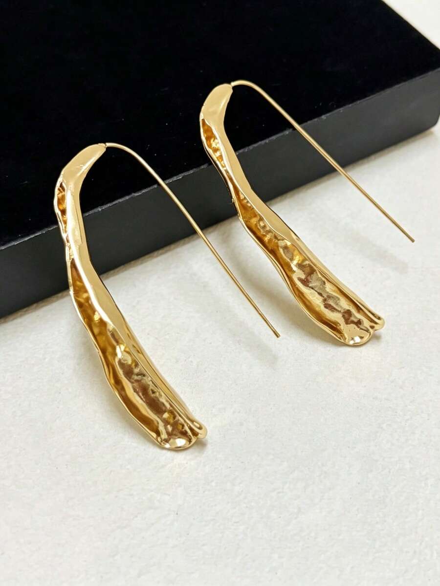 1 Pair Minimalist Textured Drop Earrings For Women - Hammered Curved Metal, Abstract Statement Jewelry For Office & Casual Wear - Earrings - View 1