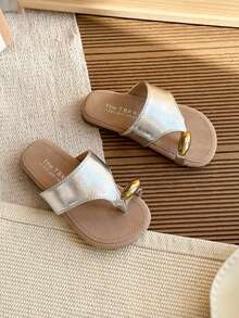 Girls Korean Style Slip-On Ankle Strap Open Toe Summer Casual Sandals, Minimalist Design, Suitable For Beach Wear, Lazy And Casual Style - Silver - View 2