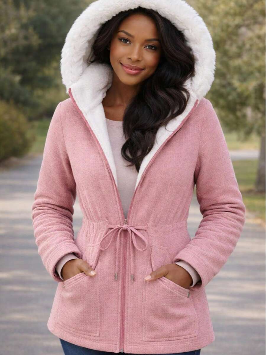 Women's Lined, Fleece-Lined Parka Jacket With Removable Hood, Reinforced For Winter - 粉色 - 查看 1