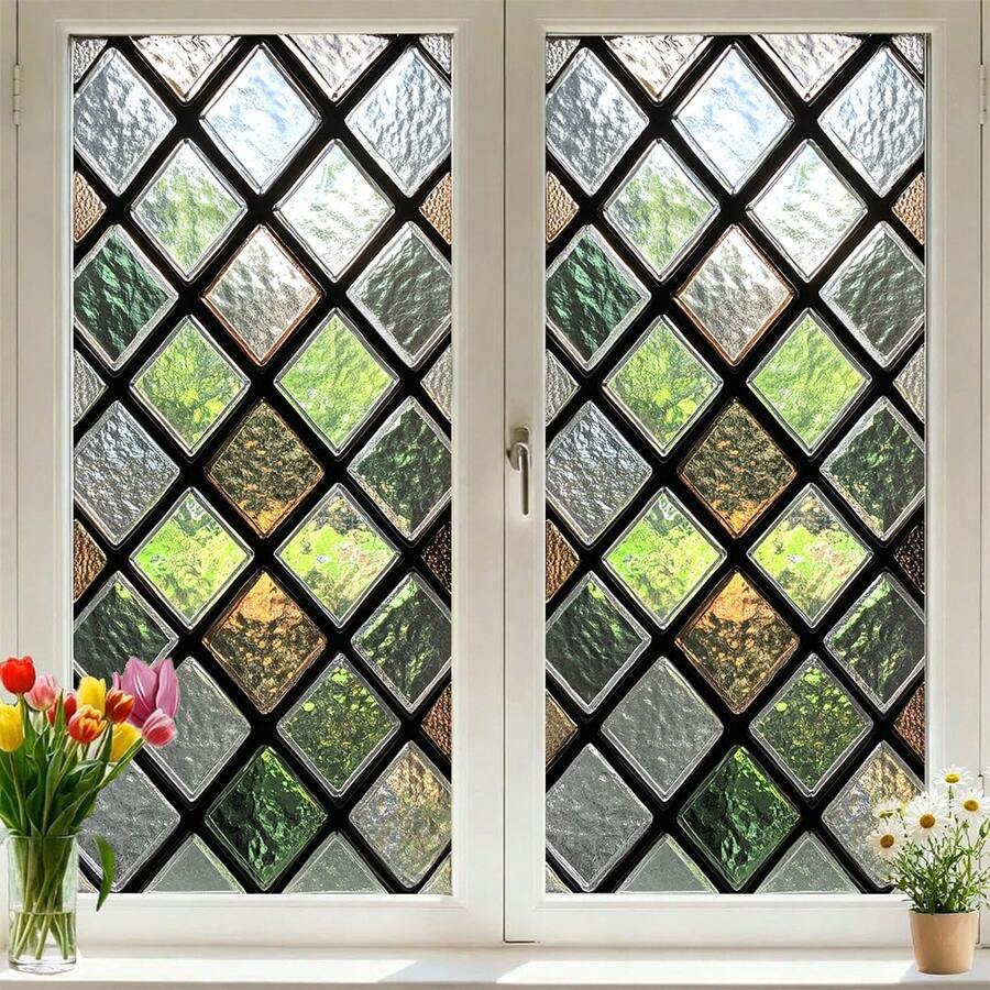 1/4pcs Fresh Green Frosted Window Sticker With Built In Landscape Pattern, Adhesive Free Privacy Film, Uv Protection, Suitable For Kitchens, Living Rooms, Offices, And Home Decor.