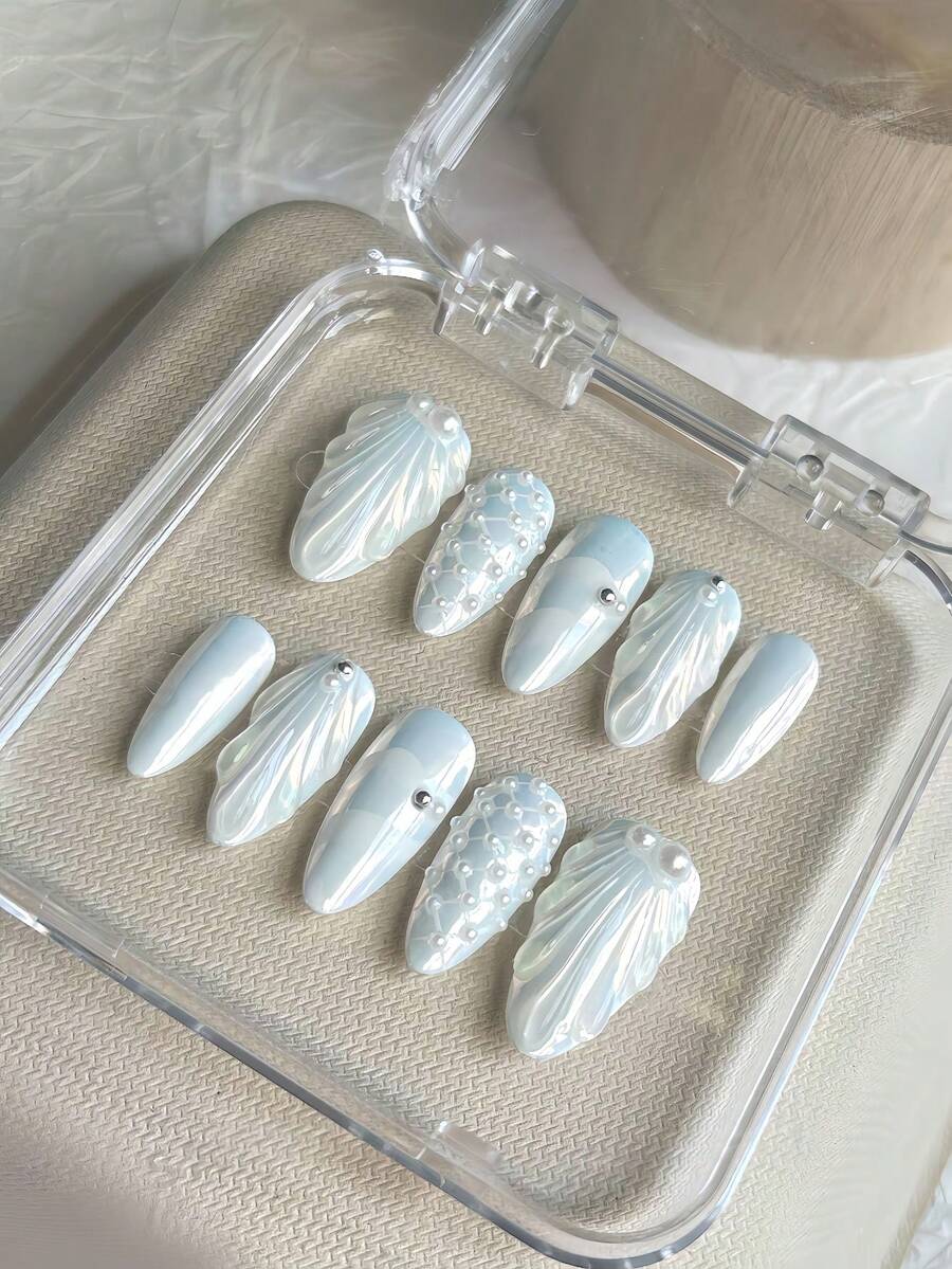 10 piezas de pegatinas de uñas hechas a mano, con forma de almendra blanca, cola de sirena, perla, patrón de rombo, adecuadas para estudiantes, damas de oficina, niñas, fiestas, vacaciones, todas las estaciones - Blanco - Ver 1