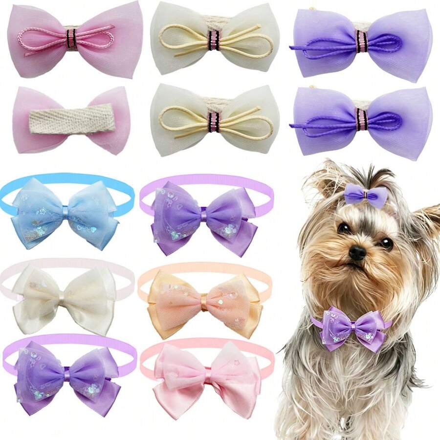 10pcs/Set Cute Pet Bow Hair Clips And Collar Set, Soft Color Tone Bows With Alligator Clips And Adjustable Collars, Suitable For Yorkshire Terriers, Teddy Bears And Small Pets - Multicolor - View 1