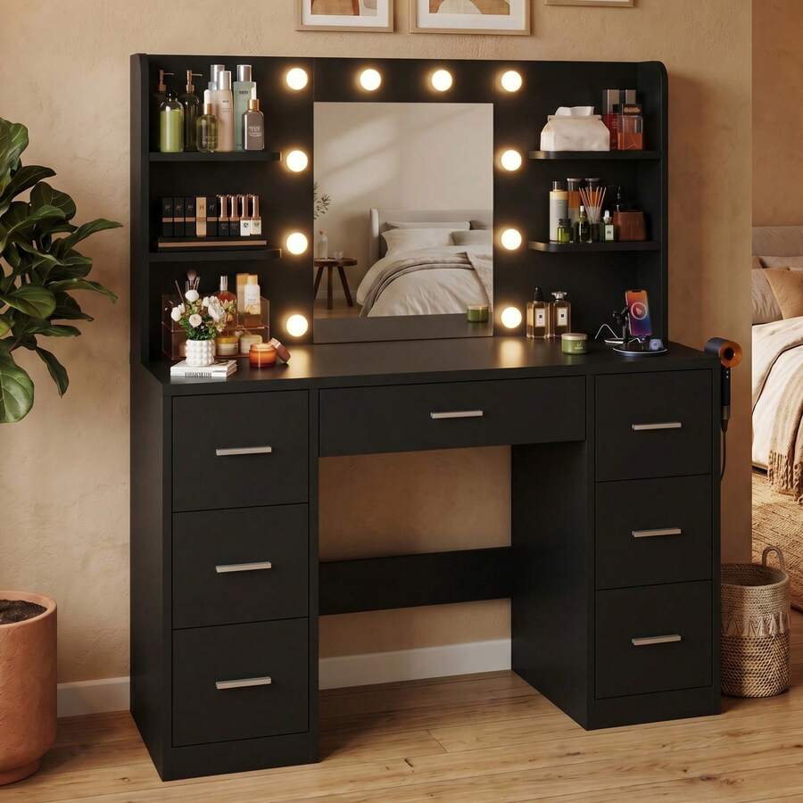 Devoko Large Dressing Table With Adjustable LED Lighting, Mirrored Dressing Table, With 7 Drawers, 4 Open Shelves And 2 Power Outlets, Suitable For Bedrooms, White - View 1