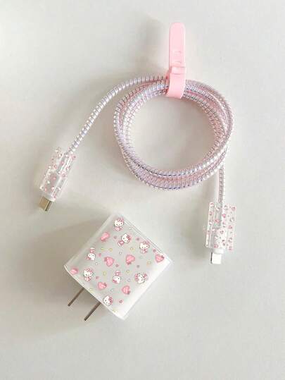 SANRIO Bộ 5 miếng bảo vệ cáp sạc Hello Kitty - Màu hồng dễ thương, phù hợp với bộ sạc nhanh 18W/20W, giúp ngăn ngừa mài mòn và trầy xước.