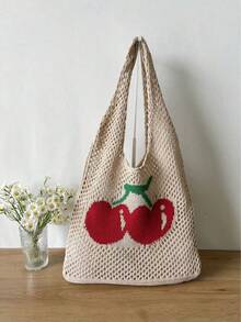 New Summer Hollow Out Shoulder Bag, Pink Knitted Bag, Handmade Crochet Fashion Beach Minimalist Tote Bag, Cherry Print Crochet Large Capacity Travel Shopping Handbag For Women - Multicolor - View 13