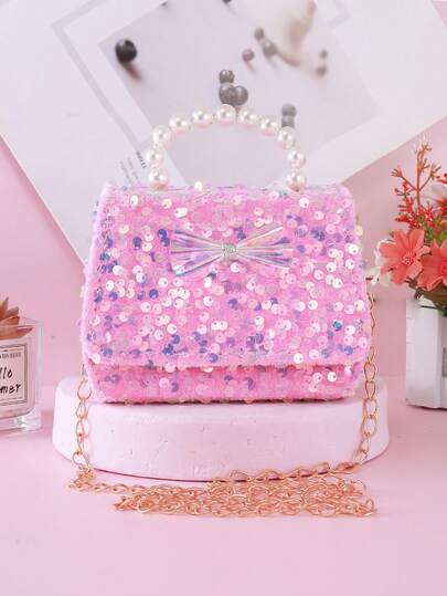 1 pieza Mini bolso de mano con lazo decorativo brillante de lentejuelas de PU, bolso de hombro/cruzado casual con cadena, monedero de lentejuelas de moda, adecuado para vacaciones y uso diario