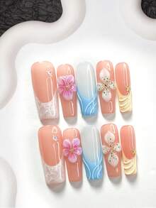 10片裝海灘風手工穿戴甲，Polygel美甲套組，3D浮雕波浪圖案，紫藍黃色系，夏季風格，含美甲工具，3種尺寸可選，杏仁/鴨嘴/棺材形，適合派對、跳舞、日常配戴 - 彩色 - 查看 12