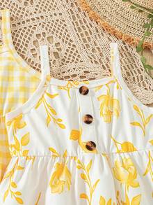 3pcs/Set Gaun Cami Motif Bunga untuk Bayi Perempuan + Gaun Cami Kancing Polos + Gaun Cami Patchwork Kancing Motif Kotak-kotak - Kuning - View 8
