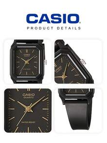 Casio 女士石英模拟腕表，黑色树脂表带，黑色表盘配金色点缀，30米防水，电池寿命3年，树脂玻璃表镜，轻盈树脂表壳，简约方形设计，学生腕表，适合日常佩戴和休闲外出，复古风格女士腕表，附原装表盒，卡西欧 LQ-142-1E - 黑色 - 查看 3