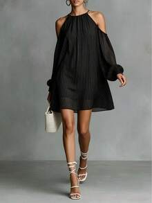 Women Striped Halter Cold Shoulder Mini Dress, Chiffon Flowy Long Sleeve A-Line Dress, Off Shoulder Bubble Cuff Casual Tunic Dress, Lightweight Summer Beach Cover Up - 淺藍色 - 查看 7