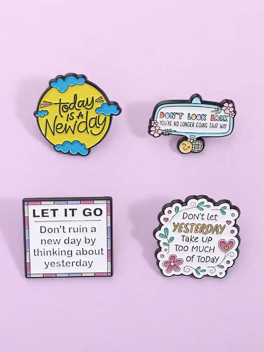 Inspirational Cartoon English Brooch, "Today Is A Brand New Day" Positive Energy Metal Badge, Student Backpack Canvas Bag Decor Pin, Niche INS Style Accessory, Healing Gift For Girlfriends And Friends - Multicolor - View 1