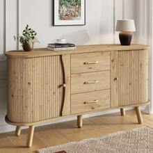 Pea-Shaped Sideboard With Fluted Design, Two Sliding Doors + Three Drawers, Height-Adjustable Compartments, Solid Wood Legs, Wood Look, MDF Material, Modern Scandinavian Style. - Camel - View 5