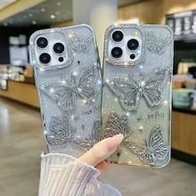 Suitable For Apple 16 Pro Max Phone Case,  16E New Model, Cross-Border Butterfly Diamond Soft Case, 13 Full Protection Anti-Drop - Giấy màu xanh dương + giấy kim tuyến - Xem 6