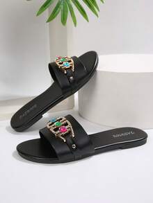 Women's Fashion Luxury Colorful Rhinestone Slides, Black Flat Round Toe Versatile Slippers, Women's Summer Commute Outdoor Strap Sandals - Black - View 6