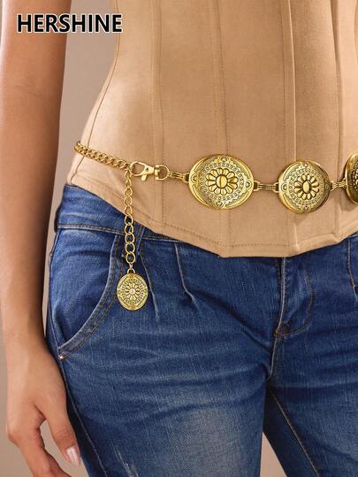 Hershine 1pc Bohemian Style Carved Oval Geometric Shape Women's Fashion Waist Chain, Vintage Metallic Body Chain, Sexy Punk Chain For Daily Wear, Summer Dresses, Knit Tops, Vacation Dresses, Parties, Festivals, Gifts For Friends, Family, Mothers, Girlfriends, Birthdays, Valentine's Day