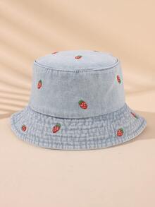 1pc Kids Embroidered Pattern Sun-Shading Casual Distressed Bucket Hat, Suitable For Outdoor Activities And Daily Use - Strawberry - Light Blue - View 6
