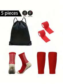 5pcs/Set Football Equipment Set, Including Waterproof Drawstring Bag, Non-Slip Football Socks, Leg Sleeves, Self-Adhesive Sports Bandage, High Leg Sleeves For Youth Sports Training - Multicolor - View 5