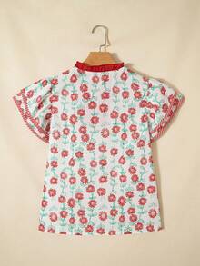 Acelitt Summer Red Floral Patchwork Striped Print V-Neck Loose Ruffle Sleeve Casual T-Shirt Vacation - Red - View 5