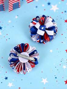 2pcs 4th Of July Independence Day & Memorial Day Satin Ribbon Hair Clips, Red White Blue Star Spangled Flag Pattern Hair Clips, Fashionable American Flag Hair Clips, Suitable For Girls Teens Fourth Of July Holiday Party Gift - Multicolor - View 5