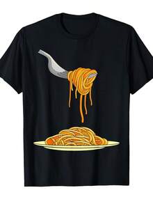 Funny Italian Food Lover T-Shirt - Black Tee With Spaghetti Fork Graphic - Soft Cotton Crewneck Shirt For Men & Women - Casual Everyday & Italian-Themed Parties - Retro Pasta Chef Apparel - All-Season Comfort Fit, Playful Design, Comfortable Fabric - 黑色 - 查看 1