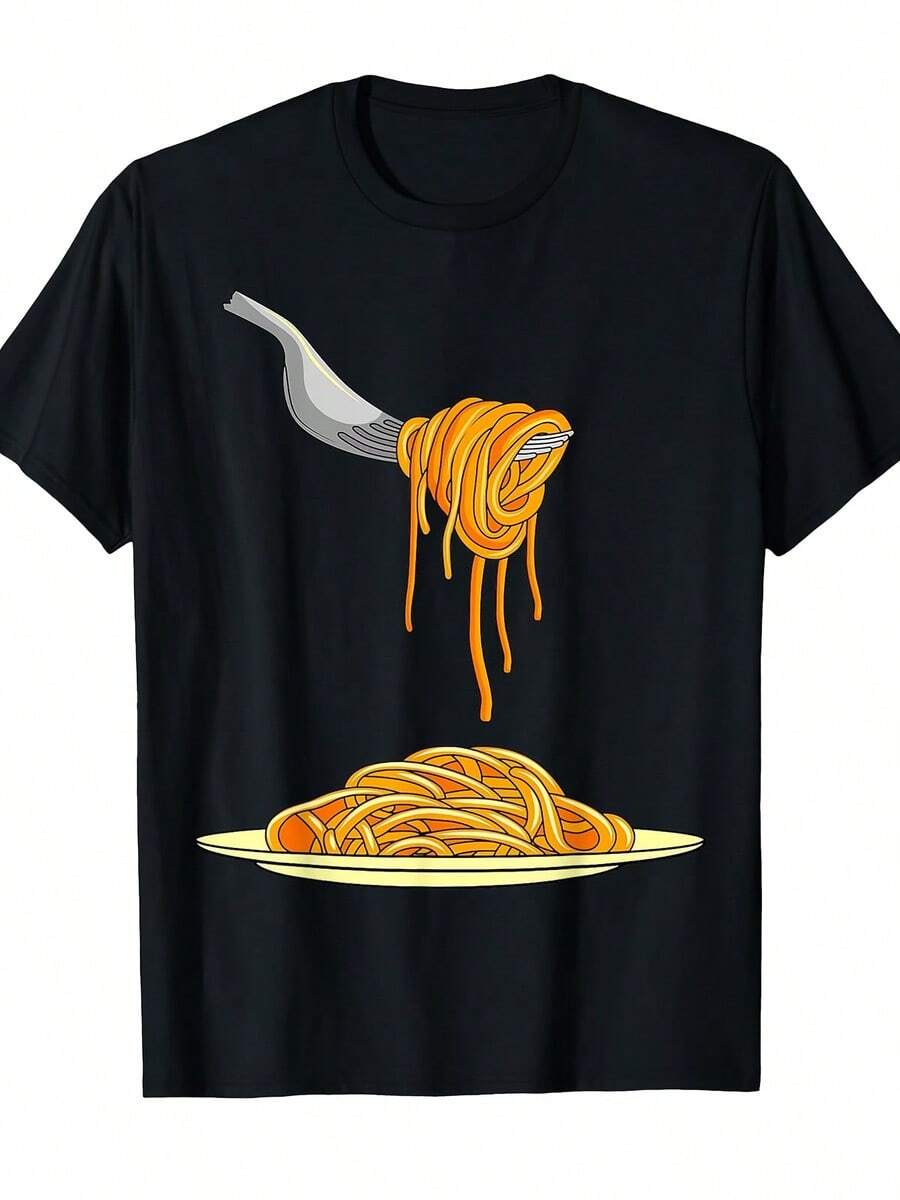 Funny Italian Food Lover T-Shirt - Black Tee With Spaghetti Fork Graphic - Soft Cotton Crewneck Shirt For Men & Women - Casual Everyday & Italian-Themed Parties - Retro Pasta Chef Apparel - All-Season Comfort Fit, Playful Design, Comfortable Fabric - 黑色 - 查看 1