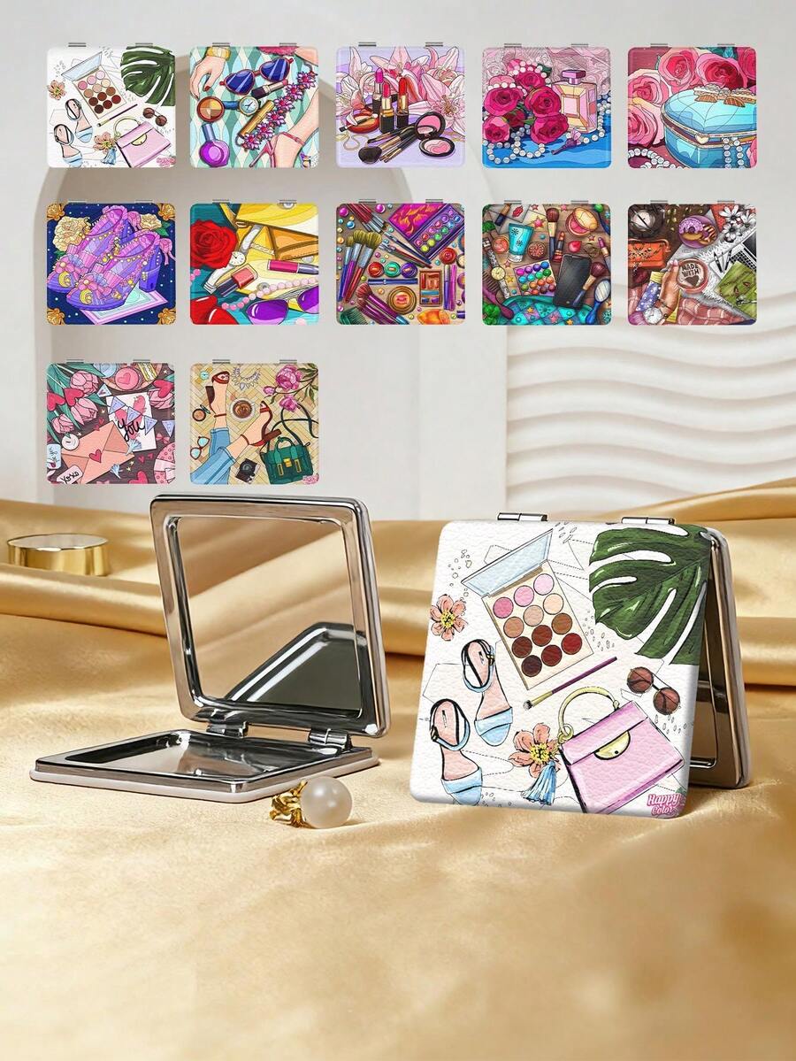 1pc Y2K Fashion Portable Folding Makeup Mirror, Lightweight Compact PU Leather, Suitable For Travel, Party, Work, School, All Ages - Multicolor - View 1