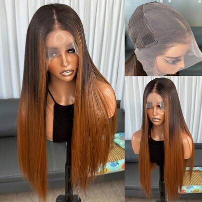 Kanekalon Futura Synthetic Lace Front Wig, Dark Roots To Brown Ombre, 13x6 Size, 22 Inch Long Straight Hair, No Glue Needed, Kanekalon Fiber Material, Durable Synthetic Fiber, Free Parting, 150% Density, Transparent Lace, Heat Friendly, Suitable For Women's Daily, Party, Vacation And Other Occasions