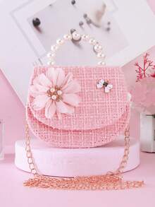 1pc Mini Flower & Metal Bow Decor Solid Plaid PU Chain Strap Flap Closure Beaded Handbag, Cute Shoulder Crossbody Bag Clutch Purse For Teens & Casual Travel, Suitable For Holidays & Daily Use - Pink - View 1